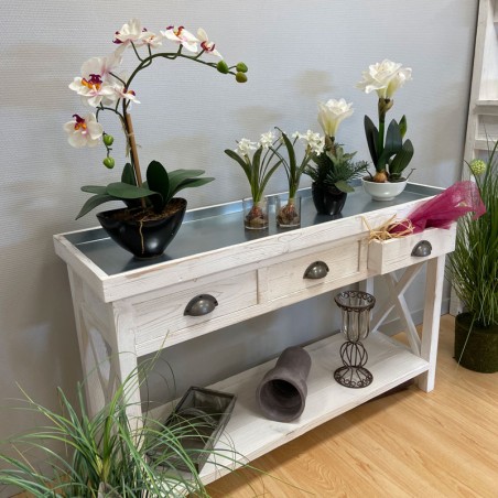Table console fleuriste avec plateau zinc, bois massif