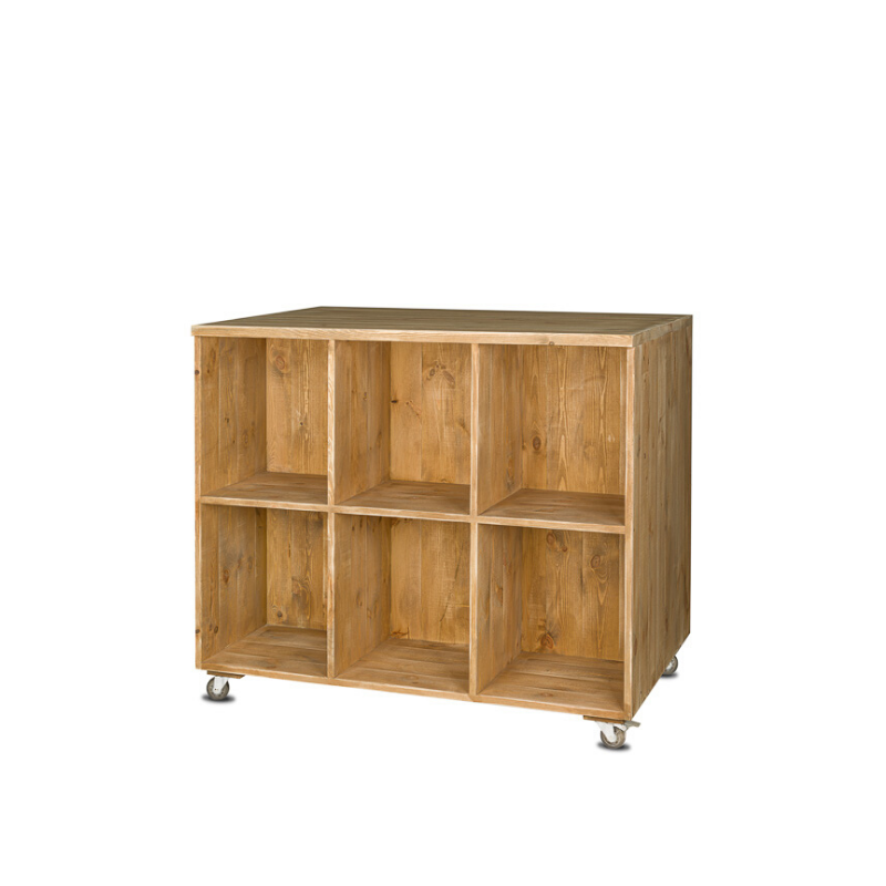 Double sided retail store display on wheels, 12 compartments, Solid Wood