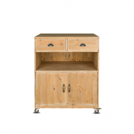 Wooden service trolley, 2 drawers 2 doors on wheels, Solid wood