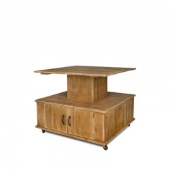 2-tier island display unit on wheels, front and back doors, solid wood TRADIS