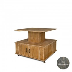 2-tier island display unit on wheels, front and back doors, solid wood TRADIS