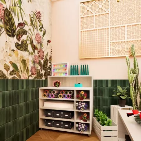 Comptoir fleuriste TRADIS en bois massif avec roulettes